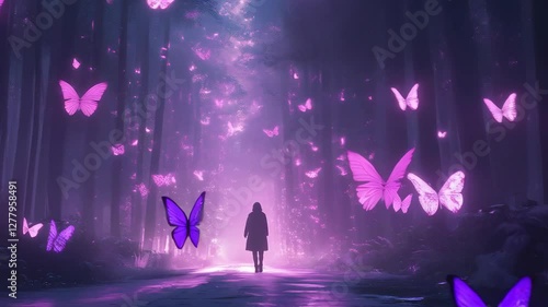 A young Caucasian female walks through a mystical forest path illuminated by glowing purple butterflies. This ethereal scene symbolizes hope and resilience, perfect for Lupus awareness.