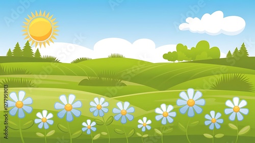 Cartoon Illustration of a Sunny Countryside Scene with a Cozy Little House