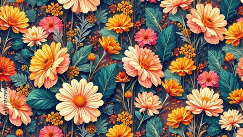 Vibrant Floral Tapestry A Rich Composition of Peach, Orange, and Pink Blossoms with Lush Green Foliage, Arranged in a Seamless Pattern Ideal for Textile Designs and Decorative Applications
