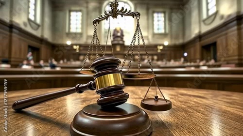 Gavel and scales sit in courtroom, people visible behind. Law scene, usage for justice themes