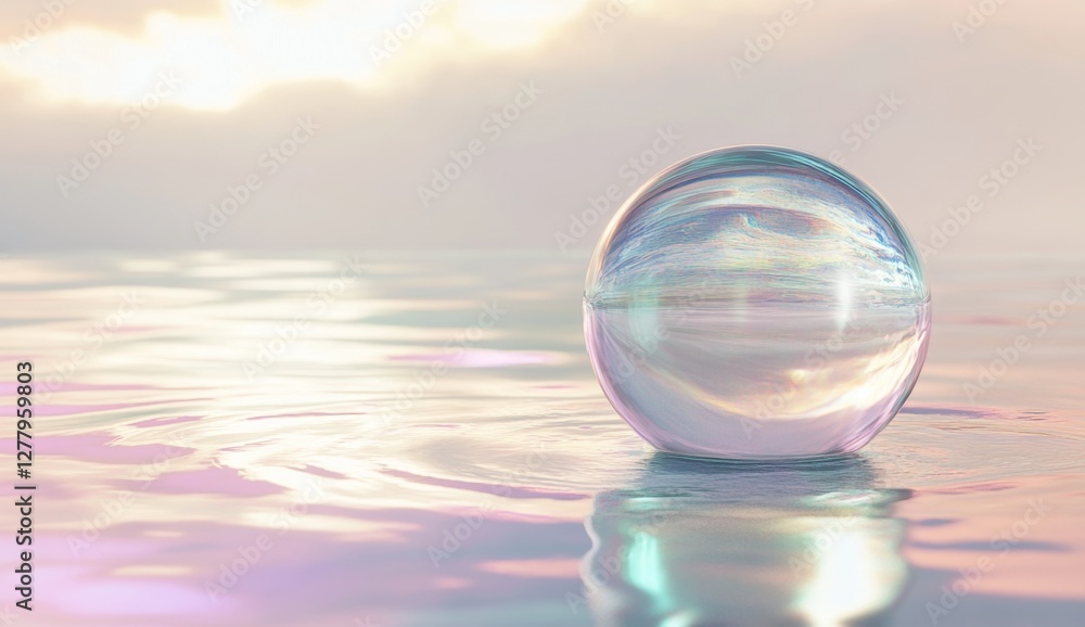 Glass sphere reflecting sunset sky on calm water Glass sphere reflecting sunset sky on calm water
