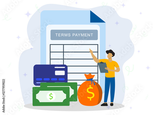 A man explaining about terms payment with big icon of money, credit card, money bag and document of policies. Payment options, terms and conditions, privacy policies. 