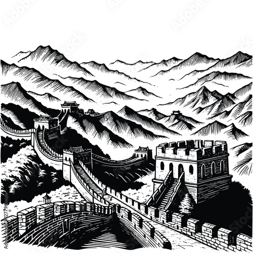 hand drawn vintage illustration of great wall of china in black and white style