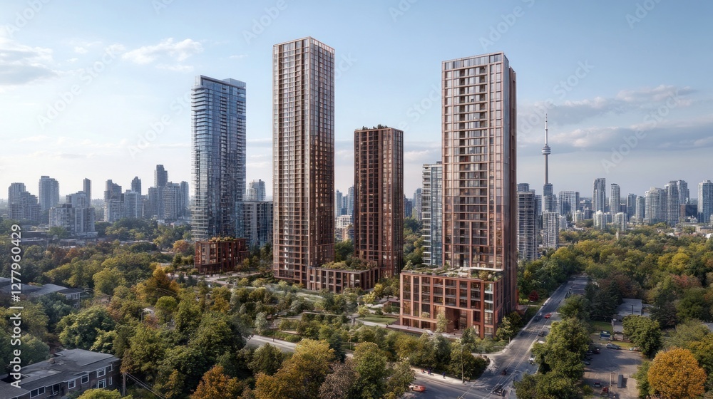 Obraz premium Modern condominium towers rise above a green urban landscape