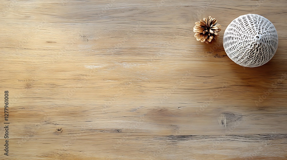 Wooden Surface With Decorative Pine Cone And Ornate Vessel Wooden Surface With Decorative Pine Cone And Ornate Vessel