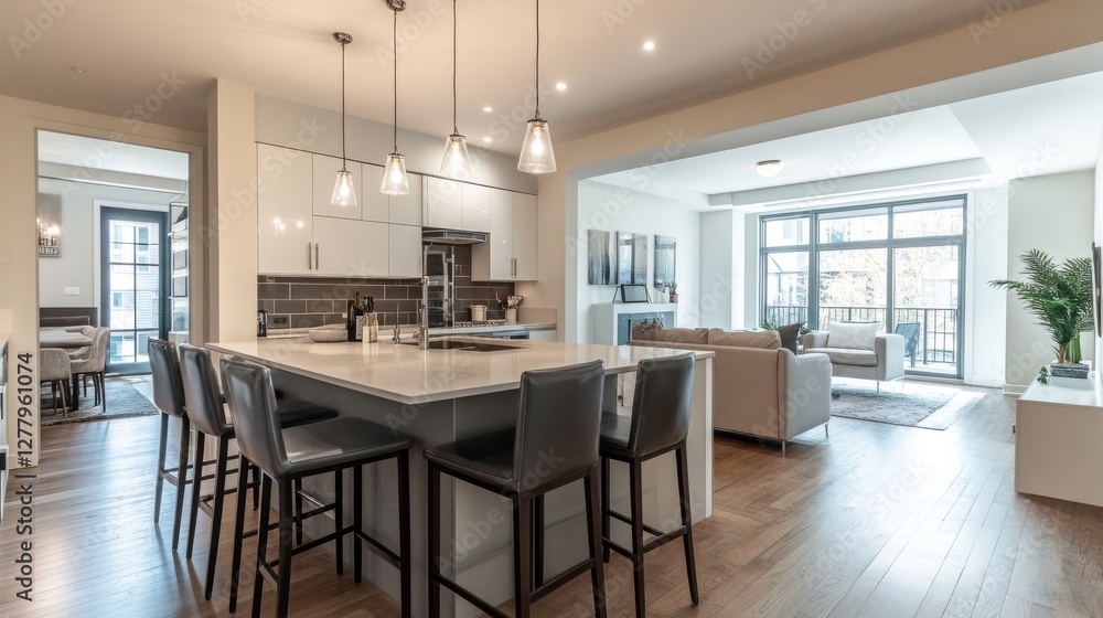 Fototapeta premium Elegant kitchen space with essential cookware and modern furnishings.