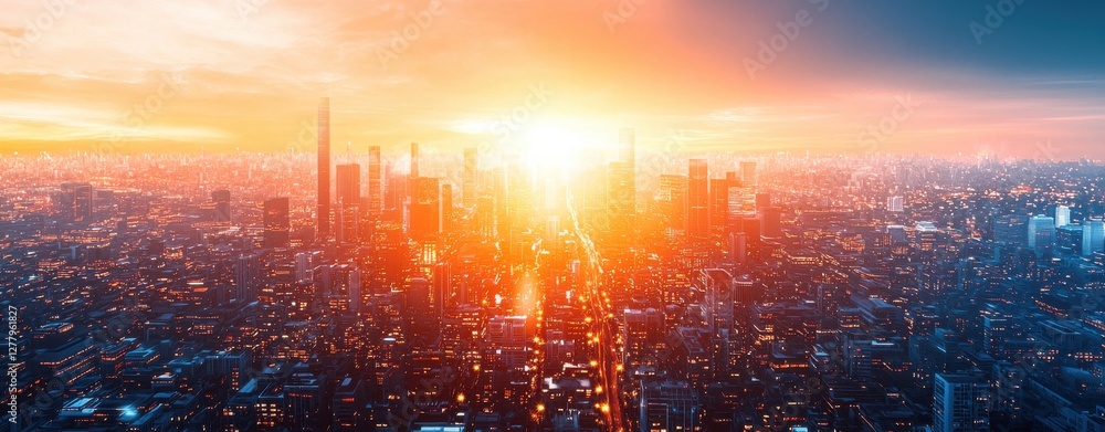 Fototapeta premium A stunning city skyline bathed in golden sunlight at sunset, showcasing skyscrapers against a vibrant sky.