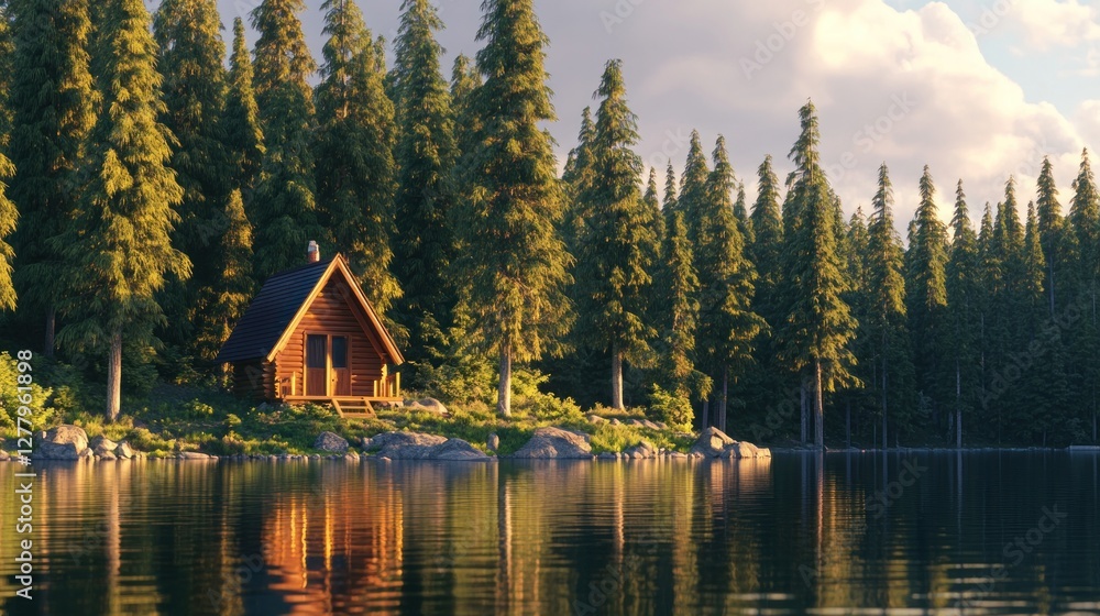 Fototapeta premium Wooden cabin sits peacefully on the lake shore at sunset