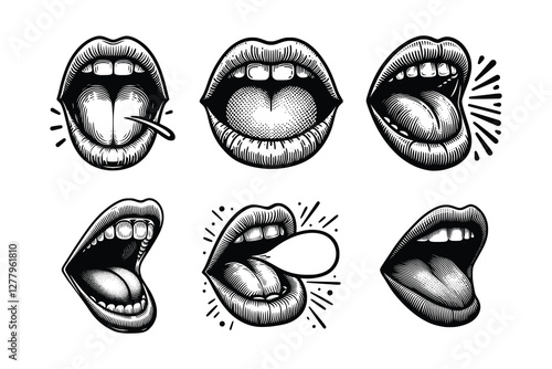 set of hand drawn mouth speaking illustration. black and white mouth speaking vintage illustration