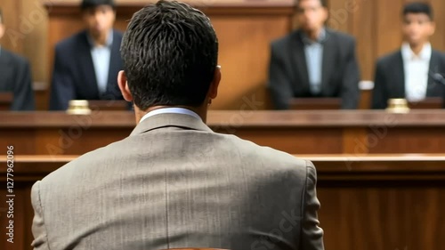 Lawyer facing jury in courtroom; possible verdict decision background use
