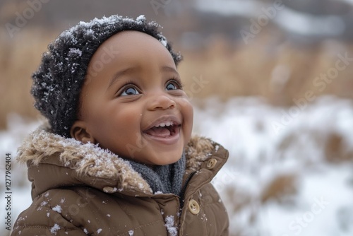 Joyful child smiles brightly while enjoying a snowy day in a winter landscape
