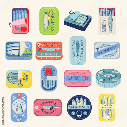 Tin Can Sardines Aesthetic Vector Illustration Set