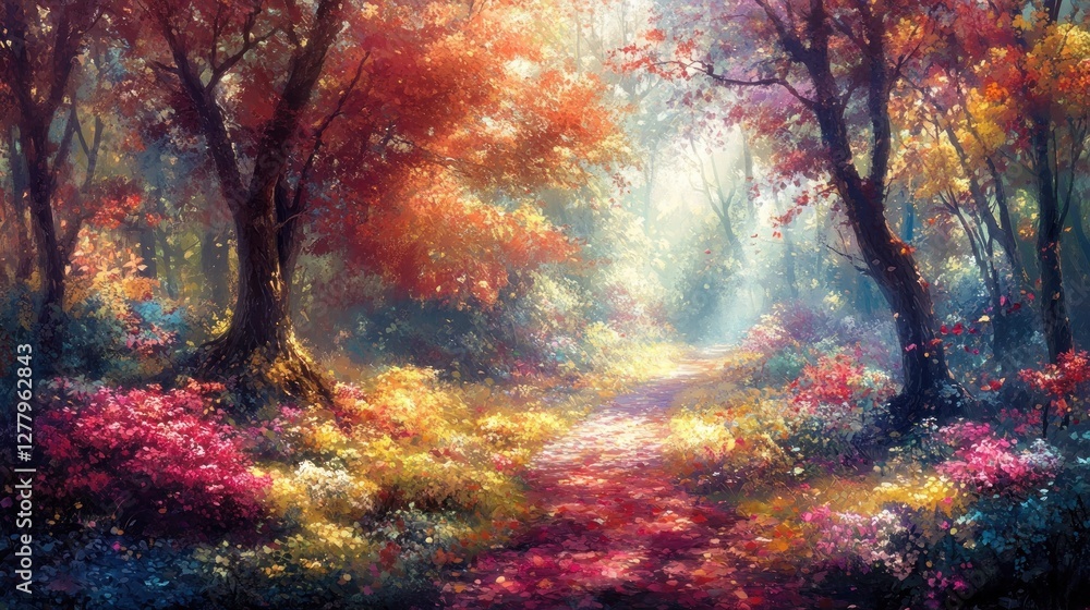 Obraz premium Enchanting autumn forest pathway painted with vibrant colors and light