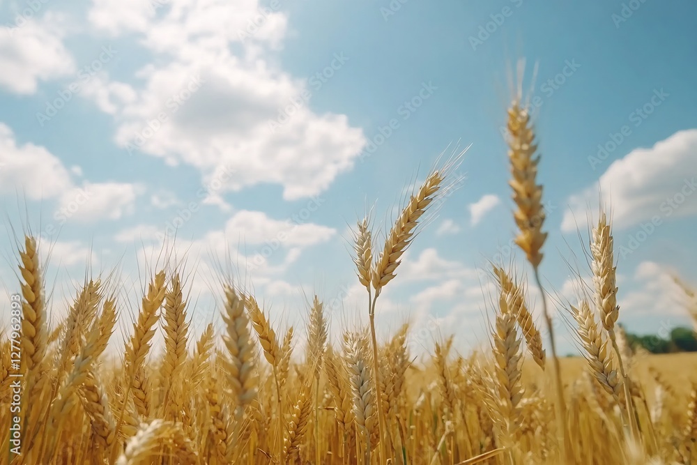 Golden wheat field against a blue sky, showcasing agriculture and farming needs Golden wheat field against a blue sky, showcasing agriculture and farming needs