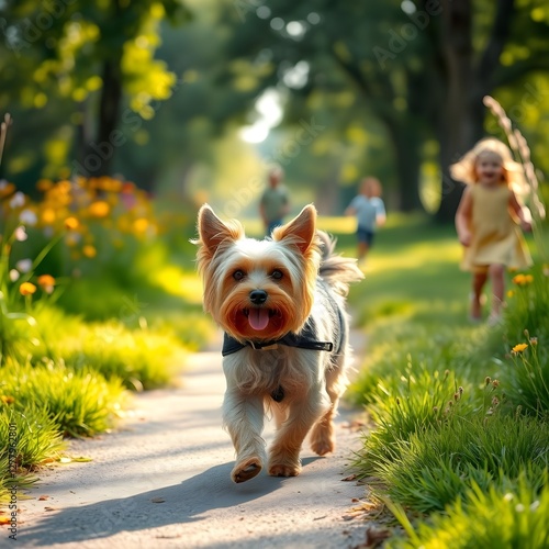 A Yorkshire terrier is out for a walk.