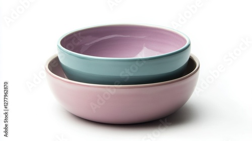Stacked Teal and Mauve Ceramic Bowls on White Background