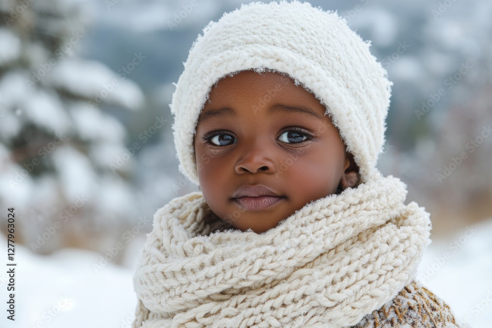 Young child enjoying winter with fluffy hat and scarf in a snowy landscape Young child enjoying winter with fluffy hat and scarf in a snowy landscape