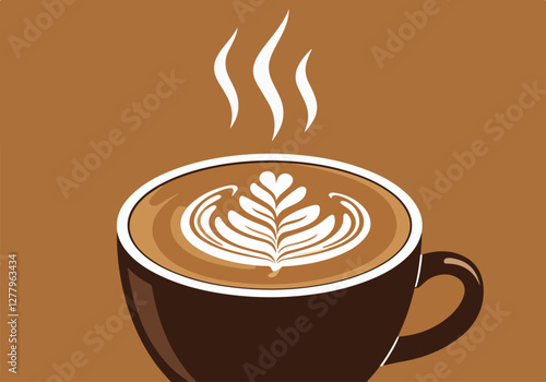 A rich cup of coffee with latte art, presented on a wooden table, emphasizing the warmth and comfort of a coffee break.