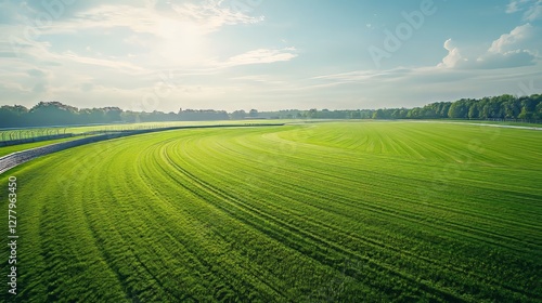 Panoramic aerial shot of a racetrack with lush green grass and a bright blue sky in the daytime. The background is blurred to create a sense of depth and motion.
