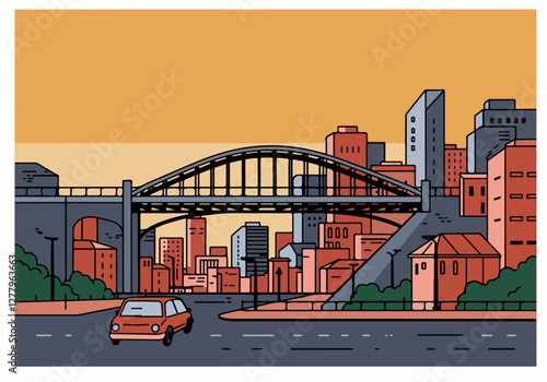 A colorful depiction of a city street with a bridge in the background, showcasing the hustle and bustle of urban life.