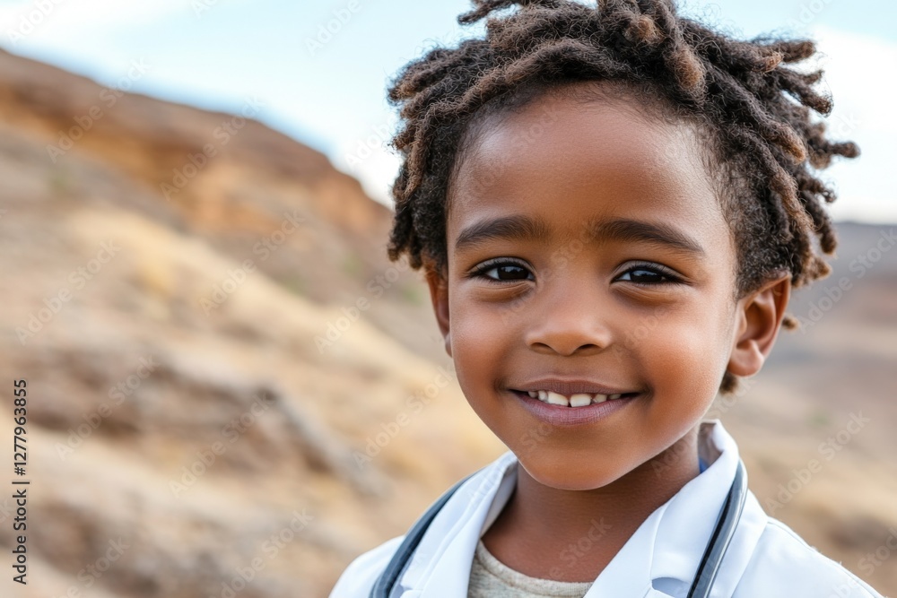 Young child in a white coat smiling outdoors in a natural landscape during daylight Young child in a white coat smiling outdoors in a natural landscape during daylight