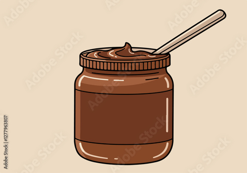 A jar of chocolate spread with a spoon, showcasing its rich texture and inviting appearance, perfect for dessert lovers.