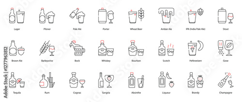 Vector Icons Set - Lager, Pilsner, Pale Ale, Porter, Wheat Beer, Amber Ale, IPA (India Pale Ale), Stout, Brown Ale, Barleywine, Bock, Whiskey, Bourbon, Scotch, Hefeweizen, Gose, Tequila, Rum, Cognac 