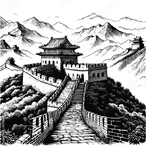 hand drawn great wall of china illustration. black and white great wall of china vector illustration