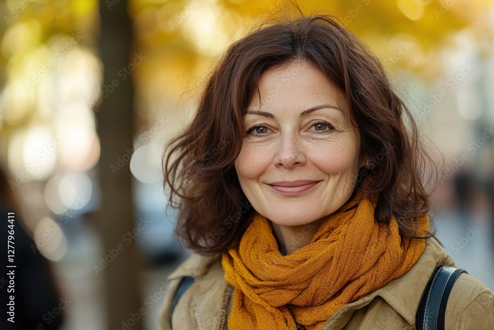 Confident and Attractive Middle-Aged Woman Smiling Against Autumn City Background Confident and Attractive Middle-Aged Woman Smiling Against Autumn City Background