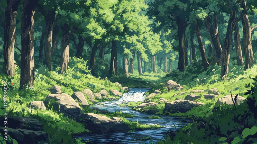 Naklejka premium Serene forest landscape with a flowing stream and lush greenery