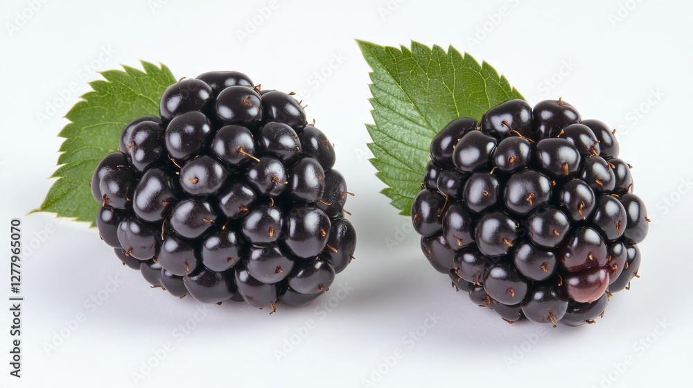 Two blackberries sit isolated on a white background. The blackberries are fresh and plump, and they have their leaves attached. The background is pure white, making the blackberries stand out. Two blackberries sit isolated on a white background. The blackberries are fresh and plump, and they have their leaves attached. The background is pure white, making the blackberries stand out.