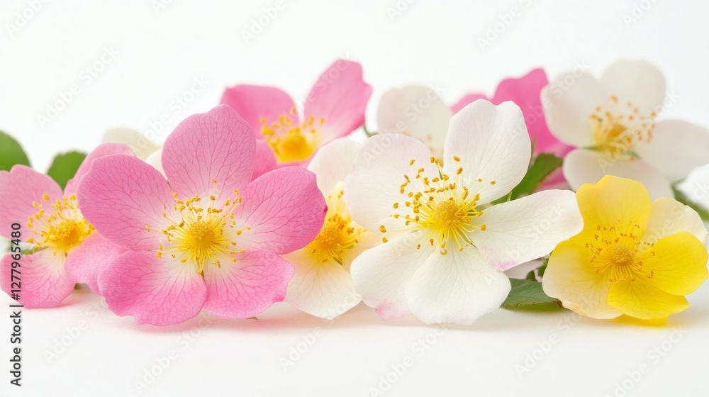 White background with pink, yellow, and white rose hip flowers White background with pink, yellow, and white rose hip flowers
