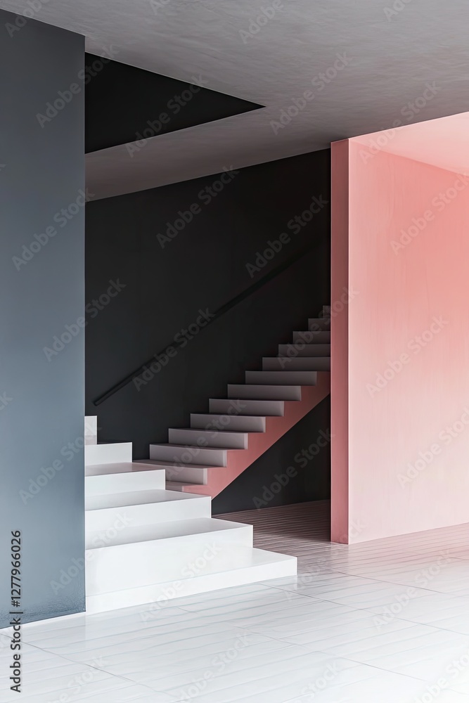 Modern interior staircase, dark gray and pink walls, minimalist design Modern interior staircase, dark gray and pink walls, minimalist design