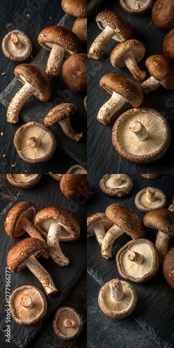 Four images of mushrooms on a black background. The mushrooms are brown and have a pointy top