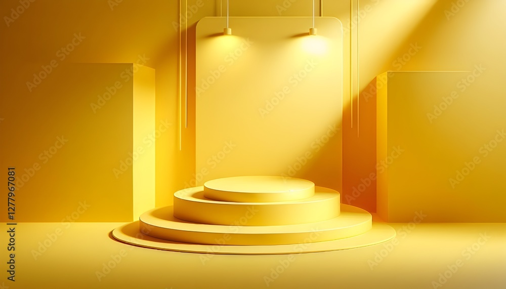 Empty yellow product podium display 3d room background with minimal pedestal show stand modern platform abstract light shadow showroom presentation backdrop cosmetic template geometric summer shelf. Empty yellow product podium display 3d room background with minimal pedestal show stand modern platform abstract light shadow showroom presentation backdrop cosmetic template geometric summer shelf.
