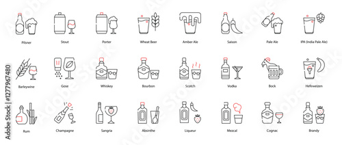 Vector Icons Set - Pilsner, Stout, Porter, Wheat Beer, Amber Ale, Saison, Pale Ale, IPA (India Pale Ale), Barleywine, Gose, Whiskey, Bourbon, Scotch, Vodka, Bock, Hefeweizen, Rum, Champagne, Sangria, 