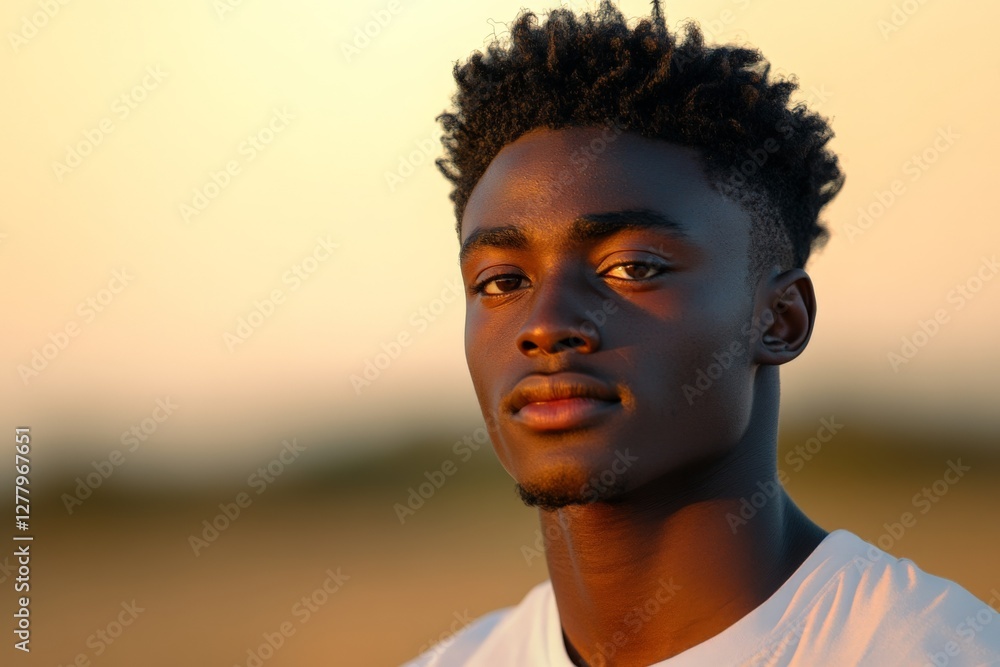 Obraz premium Portrait of a young man with striking features and natural light during sunset in an outdoor setting