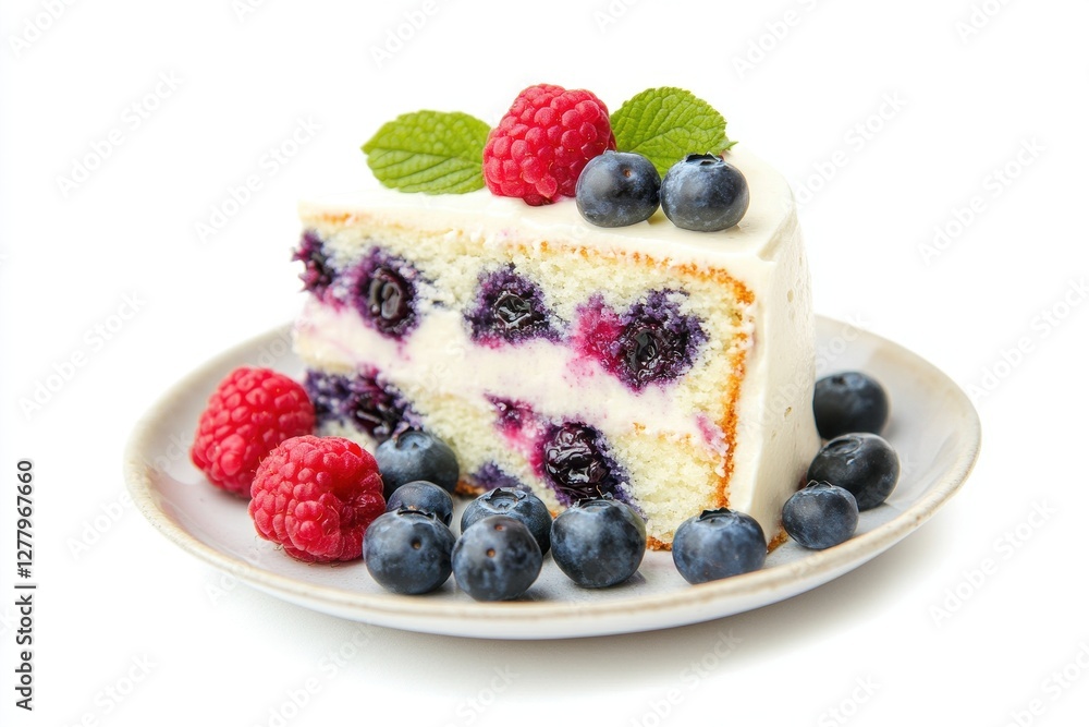 Aerial Perspective of Delicious Blueberry Cake Garnished with Fresh Berries on a Clean Plate Aerial Perspective of Delicious Blueberry Cake Garnished with Fresh Berries on a Clean Plate