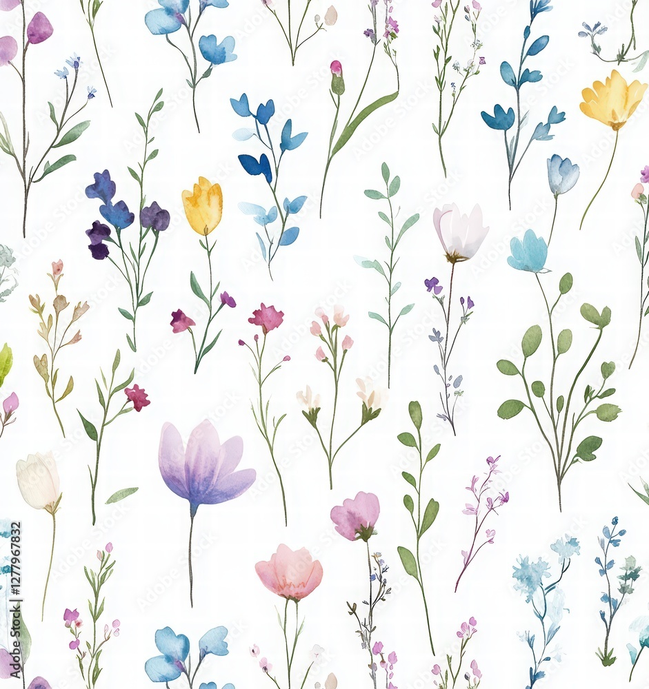 Fototapeta premium Seamless pattern of small pastel watercolor wildflowers and meadow flowers, cosmos, and anemones on a white background.