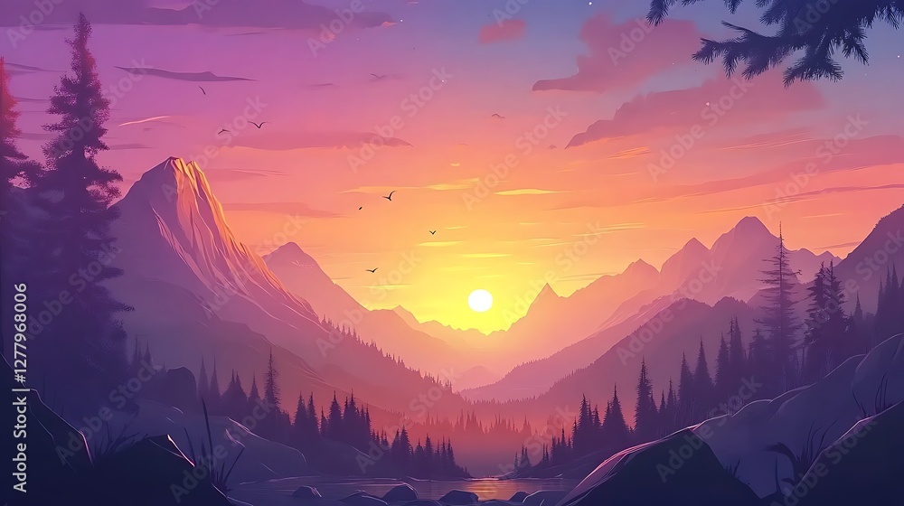 Serene Sunset Over Majestic Mountain Valley Landscape Serene Sunset Over Majestic Mountain Valley Landscape