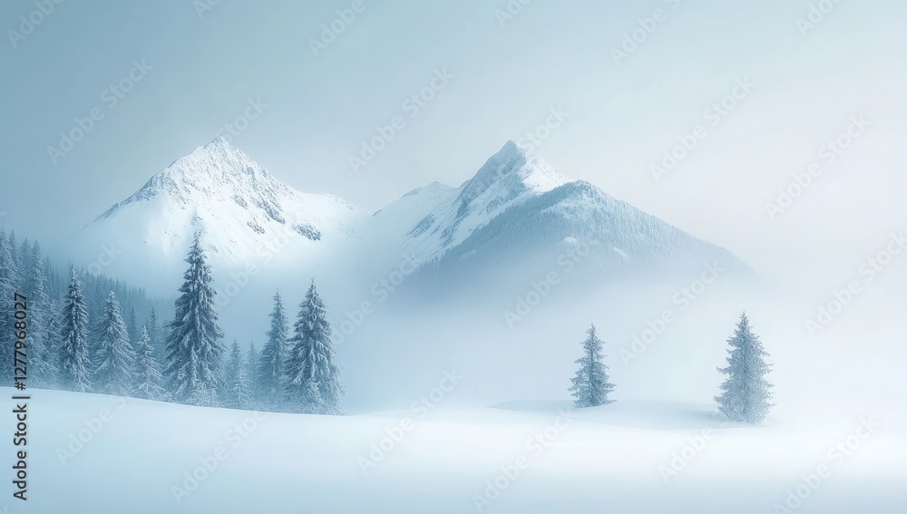 Obraz premium Snowy mountain range, misty landscape, winter wonderland, serene scene