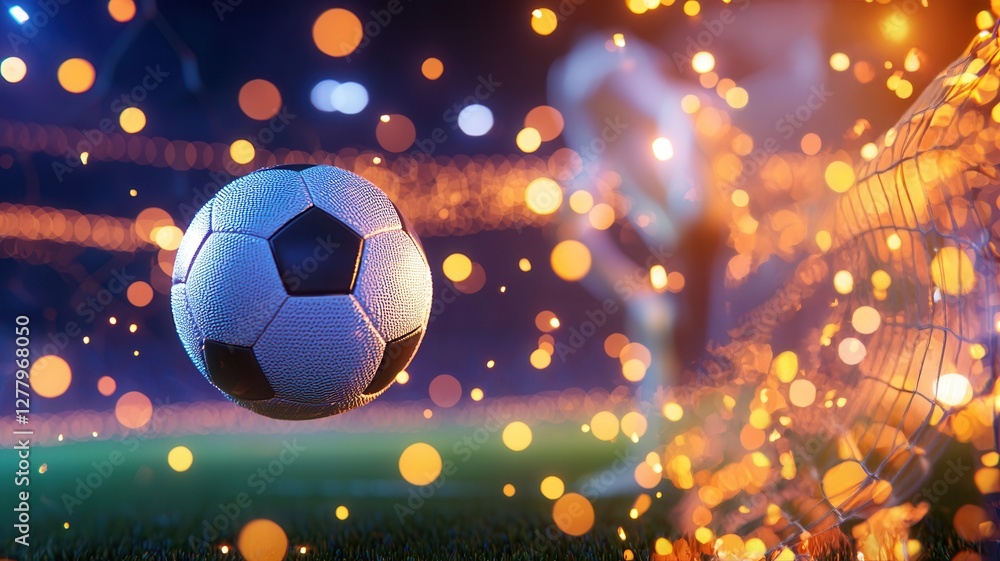 Fototapeta premium Soccer ball floating in front of goal net with dramatic bokeh effect during a night match
