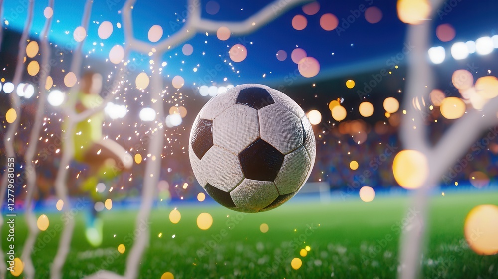 Naklejka premium Soccer ball floating in front of goal net with dramatic bokeh effect during a night match with green backgroung