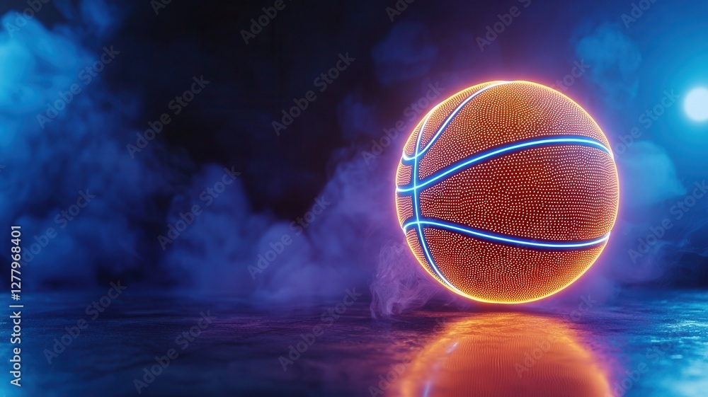 Fototapeta premium Futuristic basketball glowing with neon lines resting on reflective surface, enveloped by wispy smoke, generating dramatic visual atmosphere sport background