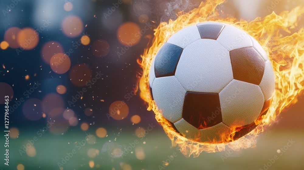 Fototapeta premium Soccer ball football blazing against sport dramatic sunset, embodying fierce fire competition and burning passion of athletic intensity