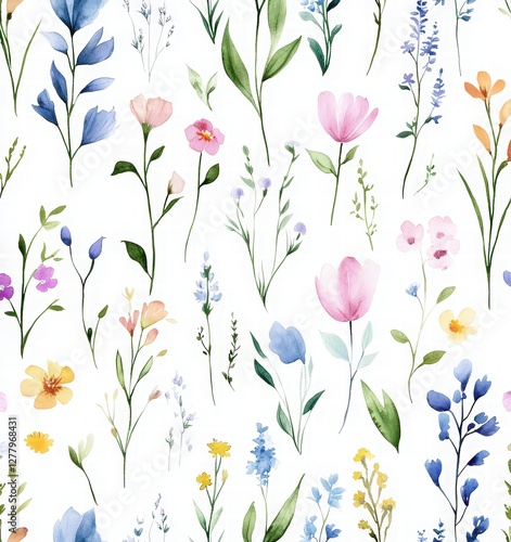 Seamless pattern of small pastel watercolor wildflowers and meadow flowers, cosmos, and anemones on a white background.