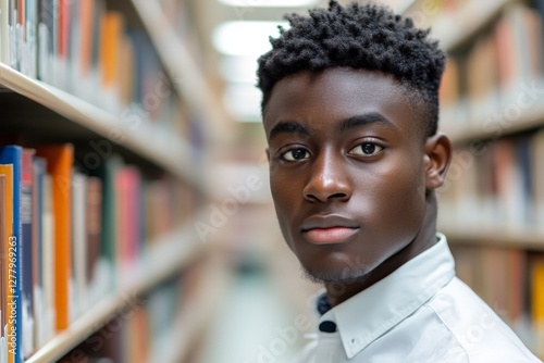 Young man with curly hair focused on his studies in a library surrounded by books during the day