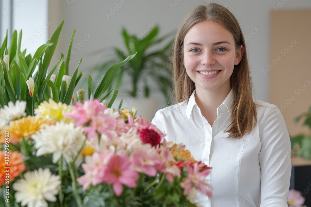 Cheerful Female Architect Surrounded by Vibrant Office Flowers in a Professional Setting Cheerful Female Architect Surrounded by Vibrant Office Flowers in a Professional Setting