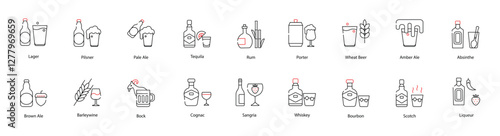Vector Icons Set - Lager, Pilsner, Pale Ale, Tequila, Rum, Porter, Wheat Beer, Amber Ale, Absinthe, Brown Ale, Barleywine, Bock, Cognac, Sangria, Whiskey, Bourbon, Scotch, Liqueur