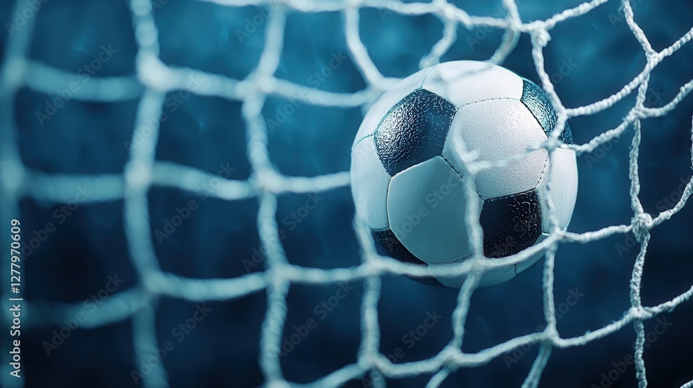Fototapeta premium Soccer leather ball football play striking goal net during championship match, symbolizing game winning momentum with powerful impact sport